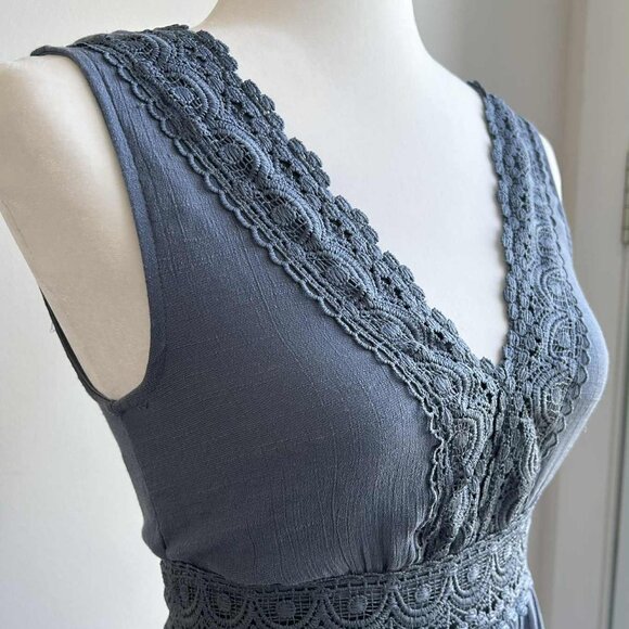 Rebellion Slate Blue Tiered Maxi Dress With Lace Trim And Romantic Flow – US S - Picture 1 of 8